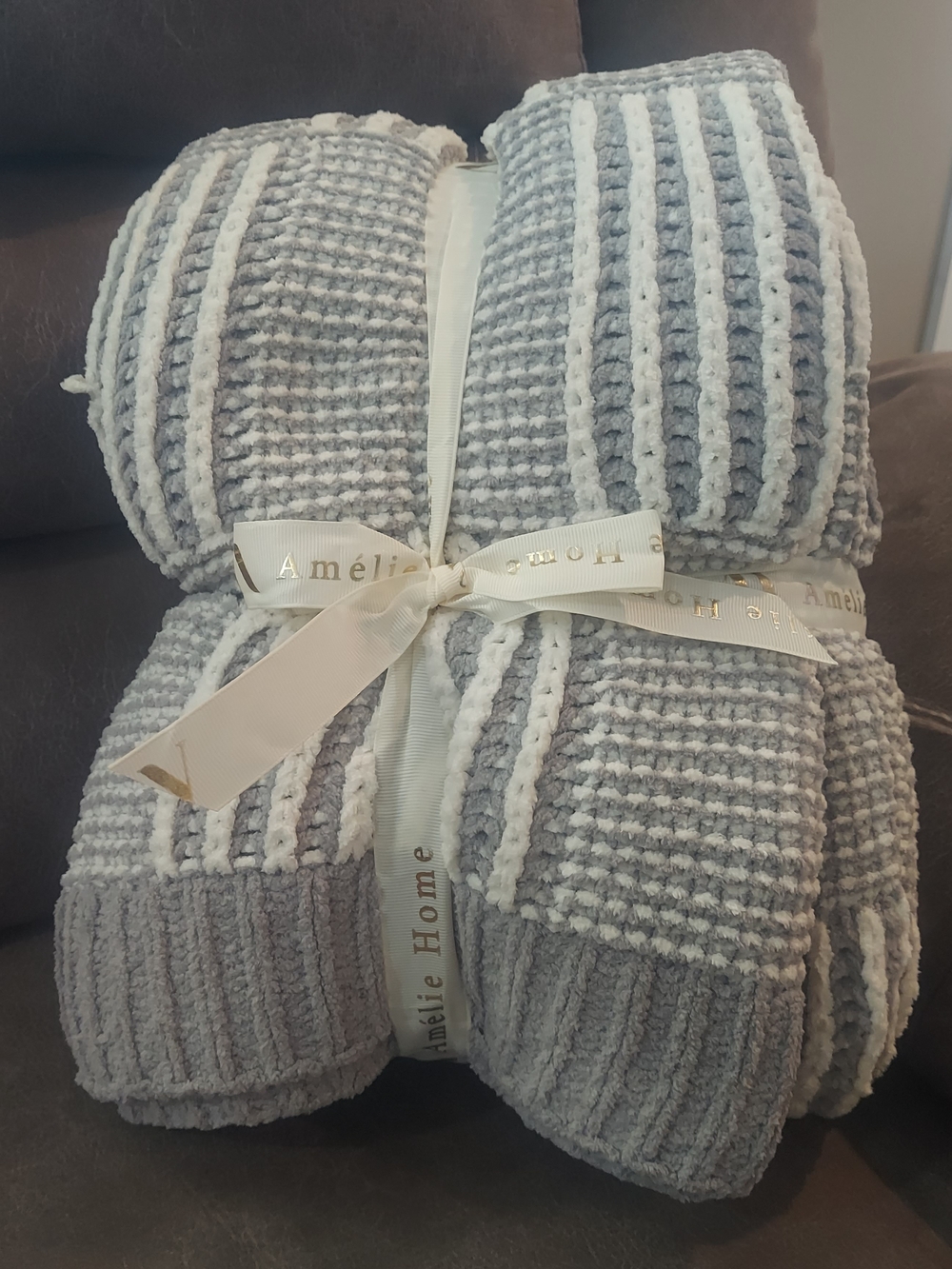 Amelie Gray & White Striped Plush Throw Blanket Chenille